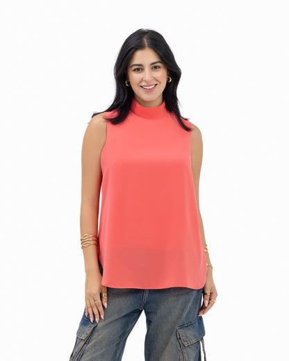 Sleeveless Crepe Turtleneck Short-length Top