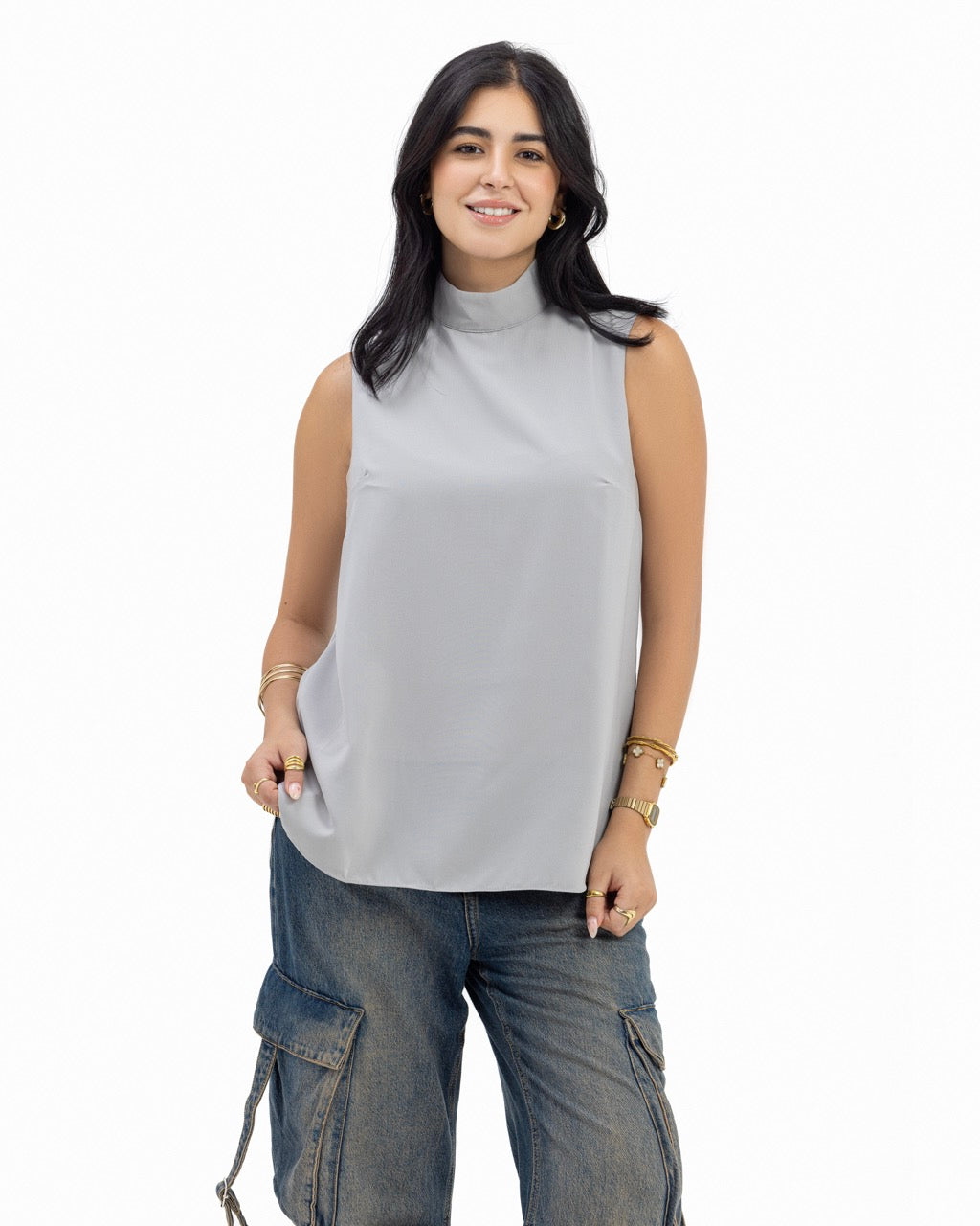 Sleeveless Crepe Turtleneck Short-length Top