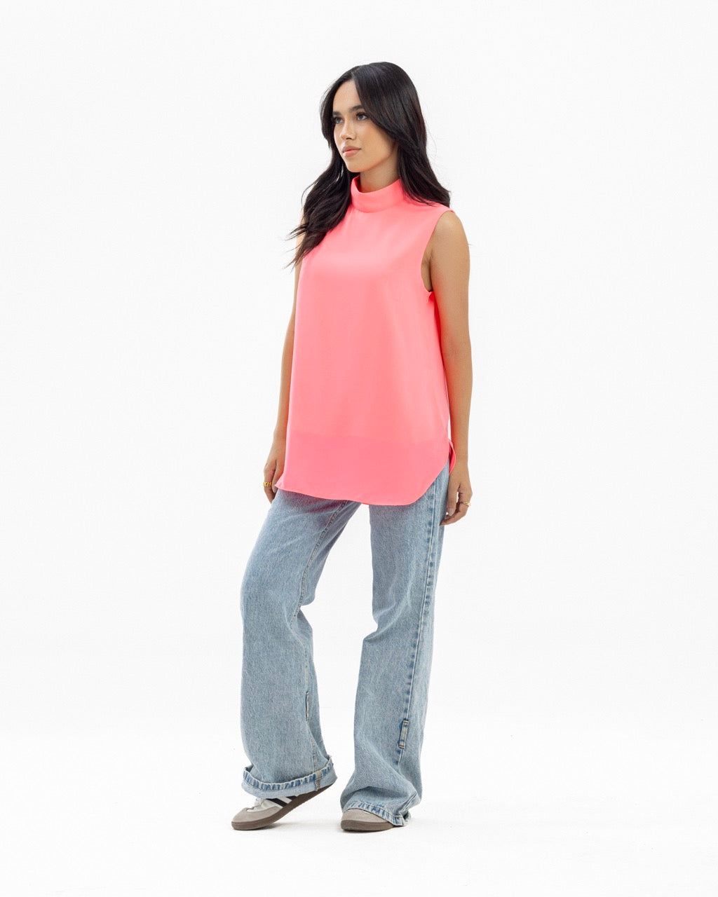 Hot Pink Sleeveless Crepe Turtleneck Short-length Top