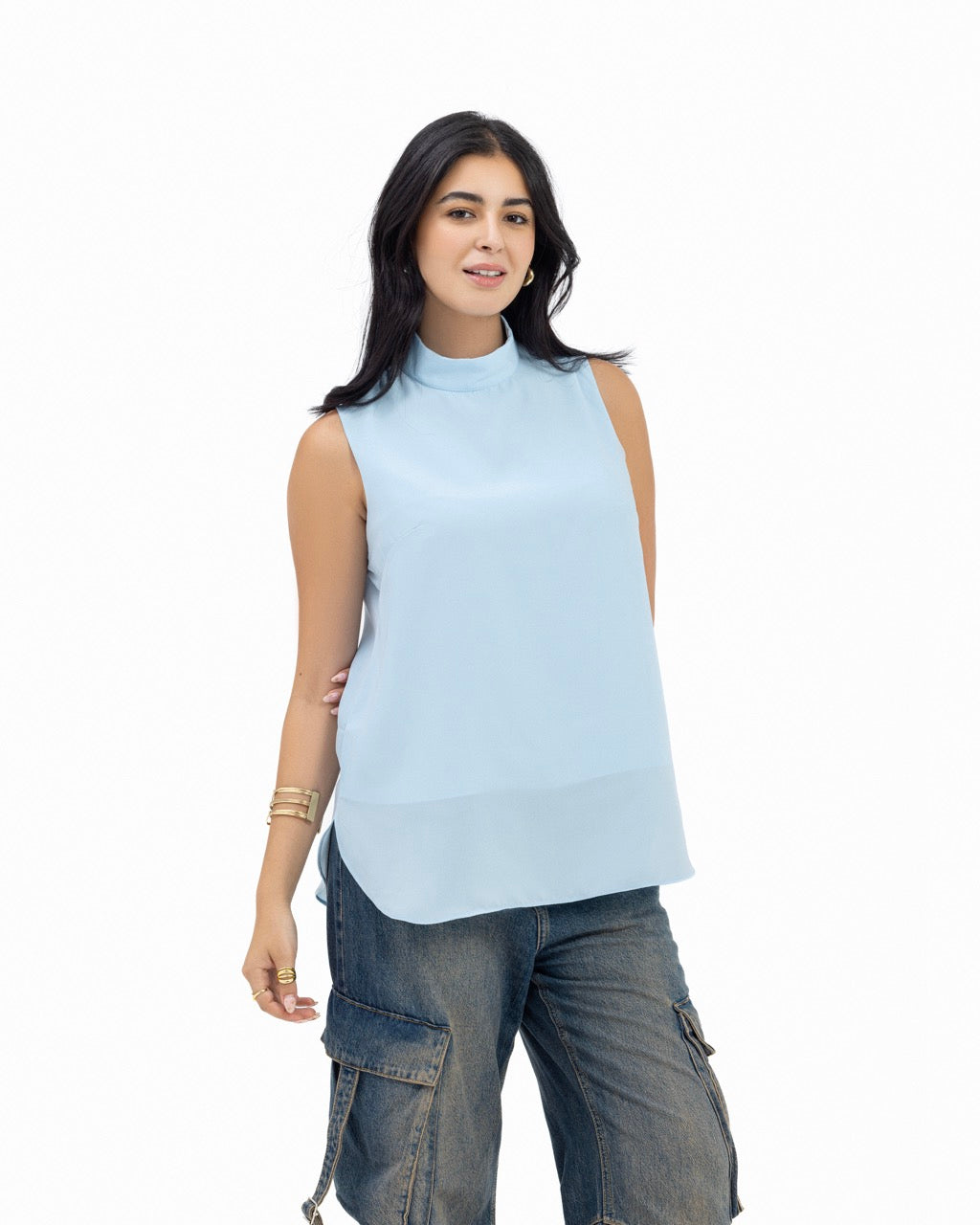 Sleeveless Crepe Turtleneck Short-length Top