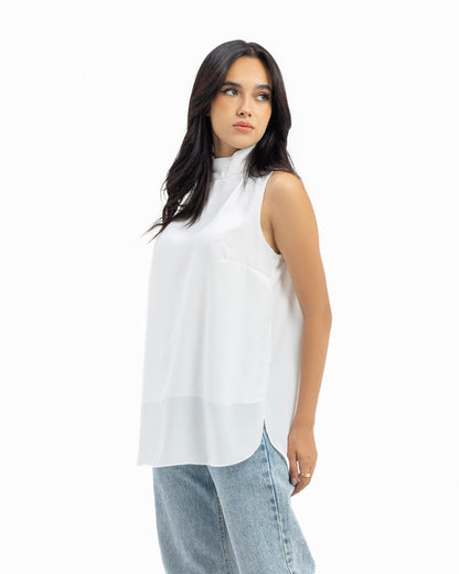 Off-White Sleeveless Crepe Turtleneck Short-length Top