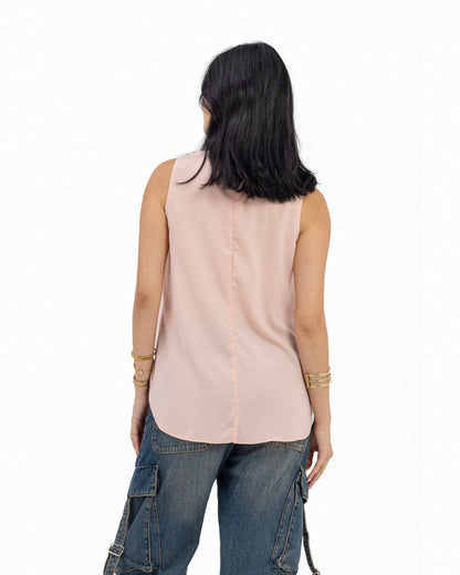 Peach Sleeveless Crepe Turtleneck Short-length Top