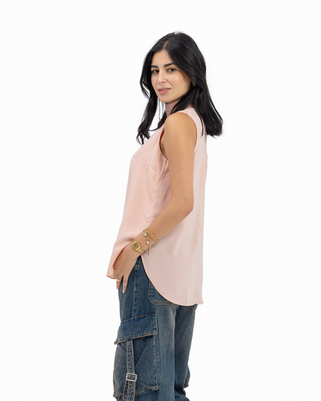 Sleeveless Crepe Turtleneck Short-length Top