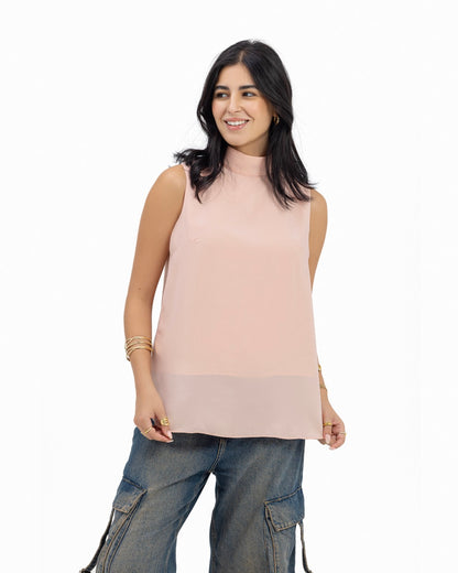 Sleeveless Crepe Turtleneck Short-length Top