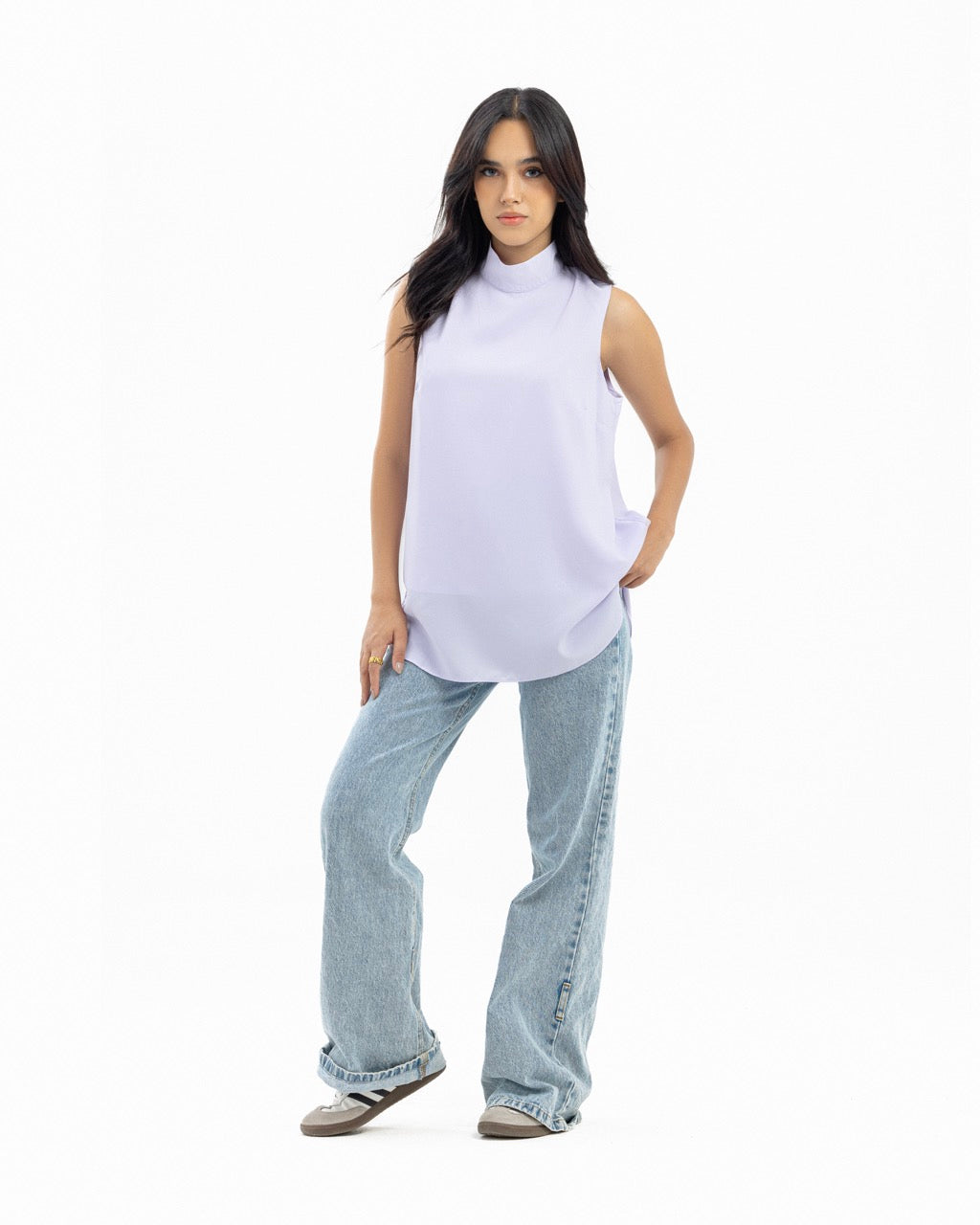 Lavender Sleeveless Crepe Turtleneck Short-length Top