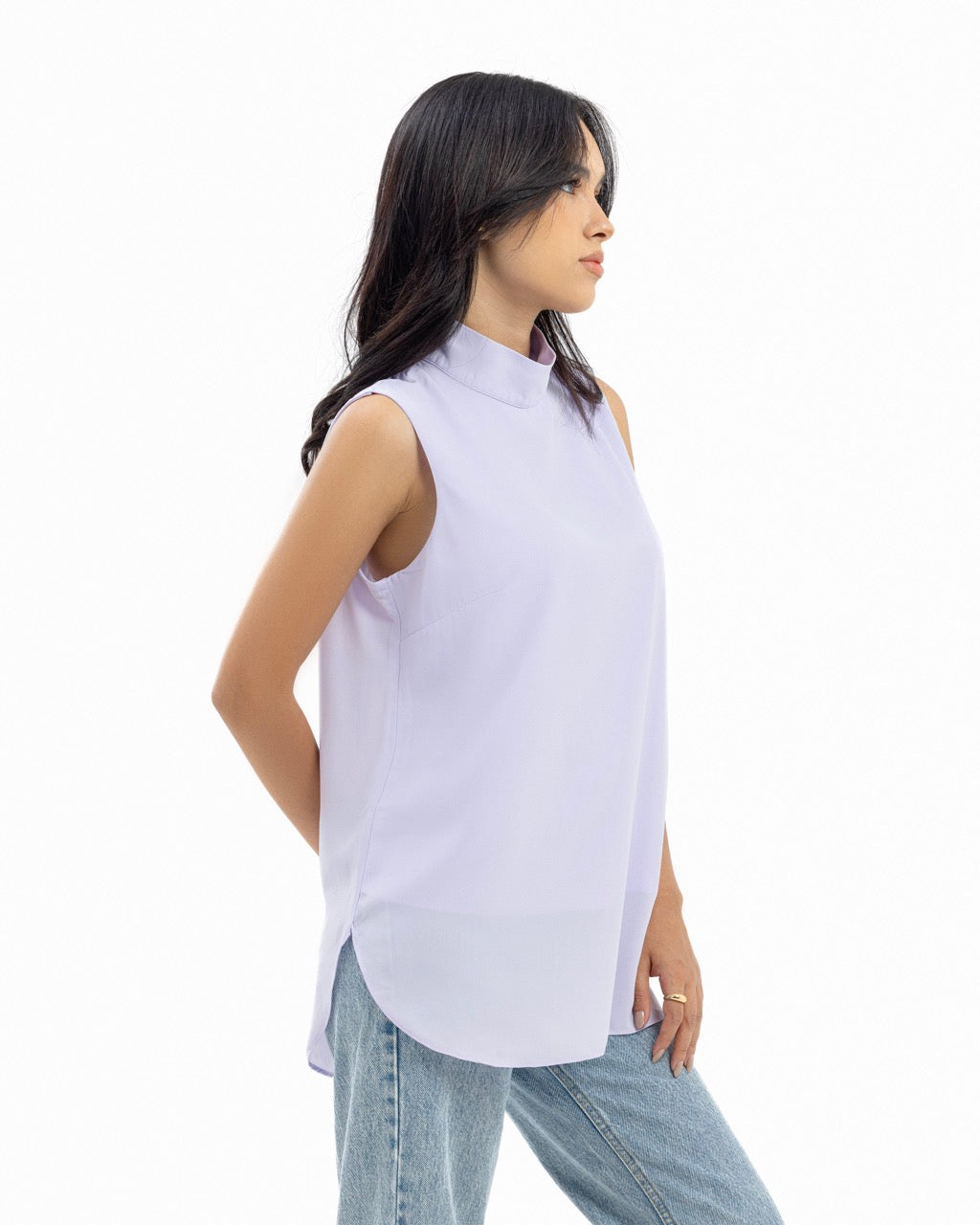 Lavender Sleeveless Crepe Turtleneck Short-length Top