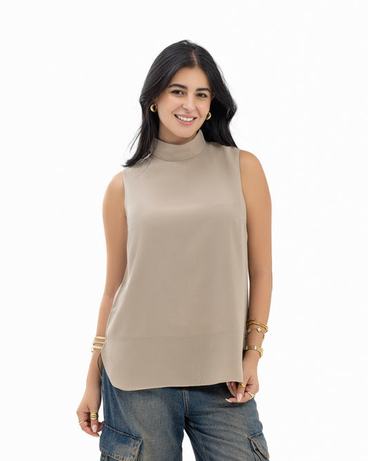 Coffee Sleeveless Crepe Turtleneck Short-length Top