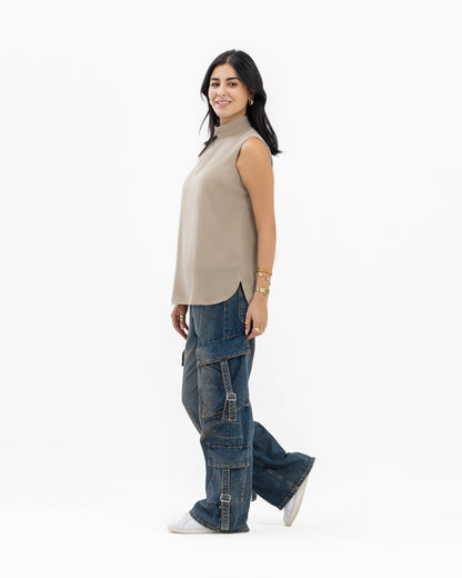 Coffee Sleeveless Crepe Turtleneck Short-length Top