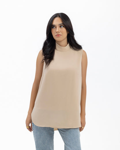 Beige Sleeveless Crepe Turtleneck Short-length Top