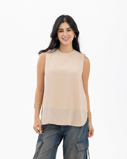 Beige Sleeveless Crepe Crewneck Short-length Top