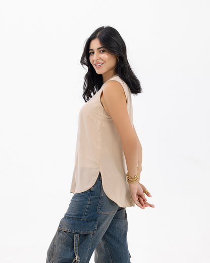 Beige Sleeveless Crepe Crewneck Short-length Top