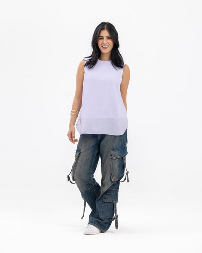 Lavender Sleeveless Crepe Crewneck Short-length Top