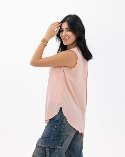 Peach Sleeveless Crepe Crewneck Short-length Top