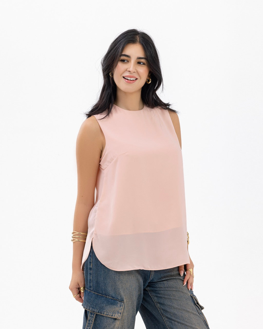 Peach Sleeveless Crepe Crewneck Short-length Top