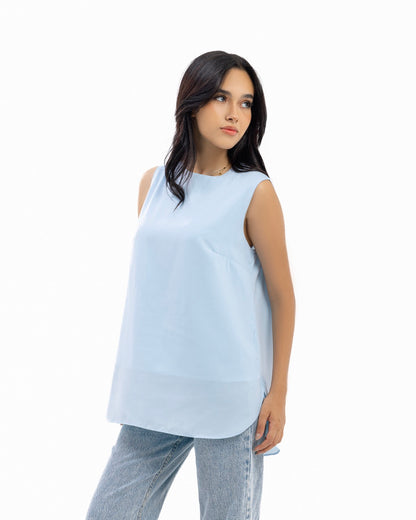 Sky Blue Sleeveless Crepe Crewneck Short-length Top