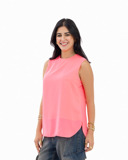 Hot Pink Sleeveless Crepe Crewneck Short-length Top