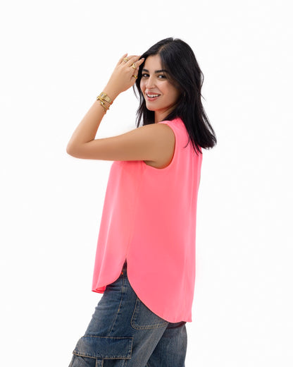 Hot Pink Sleeveless Crepe Crewneck Short-length Top