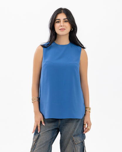 Blue Sleeveless Crepe Crewneck Short-length Top