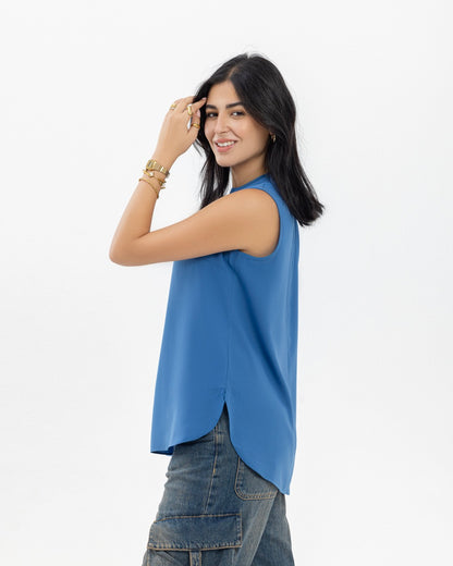 Blue Sleeveless Crepe Crewneck Short-length Top