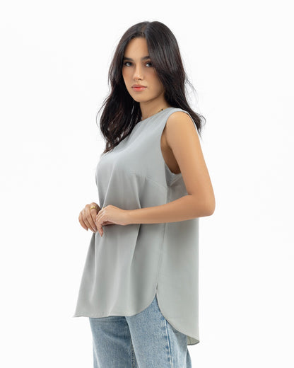 Warm Grey Sleeveless Crepe Crewneck Short-length Top