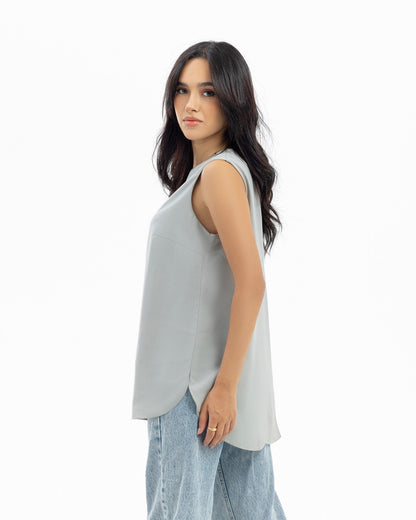 Warm Grey Sleeveless Crepe Crewneck Short-length Top