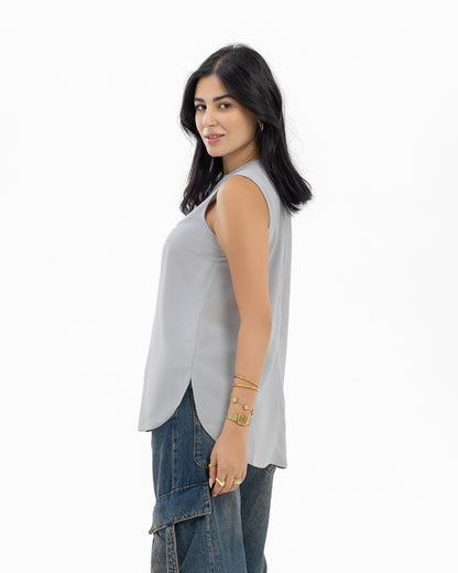 Silver Sleeveless Crepe Crewneck Short-length Top