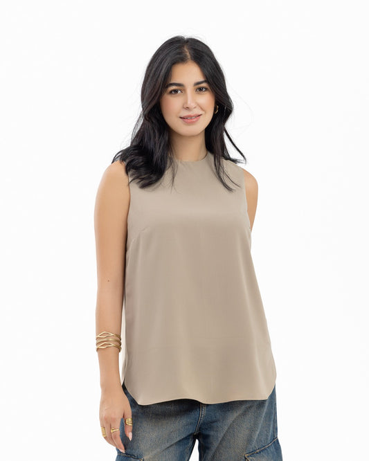 Coffee Sleeveless Crepe Crewneck Short-length Top