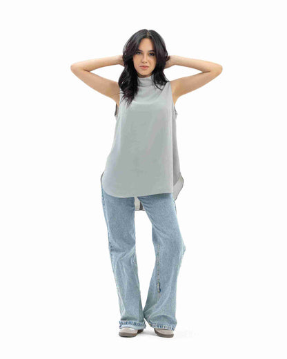 Warm grey Sleeveless Crepe Turtleneck Short-length Top