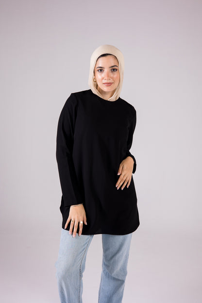 Long-sleeve Crepe Crewneck Medium-length Top Monochrome