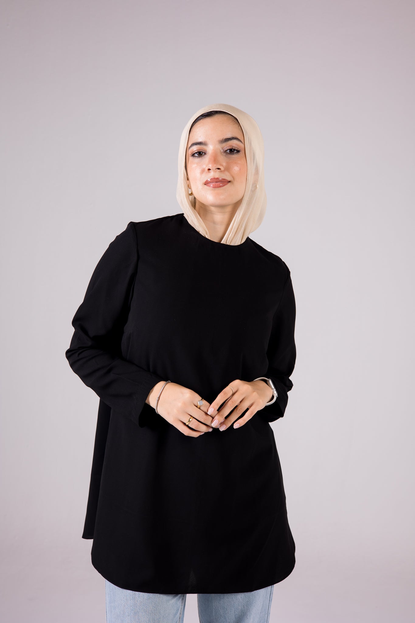 Long-sleeve Crepe Crewneck Medium-length Top Monochrome