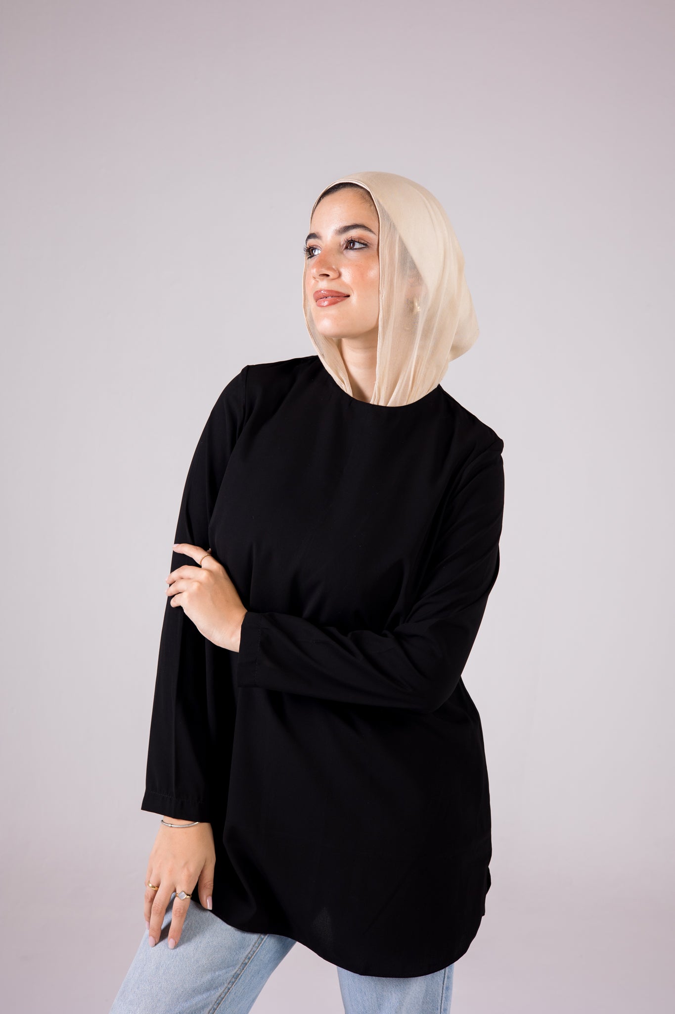 Long-sleeve Crepe Crewneck Medium-length Top Monochrome