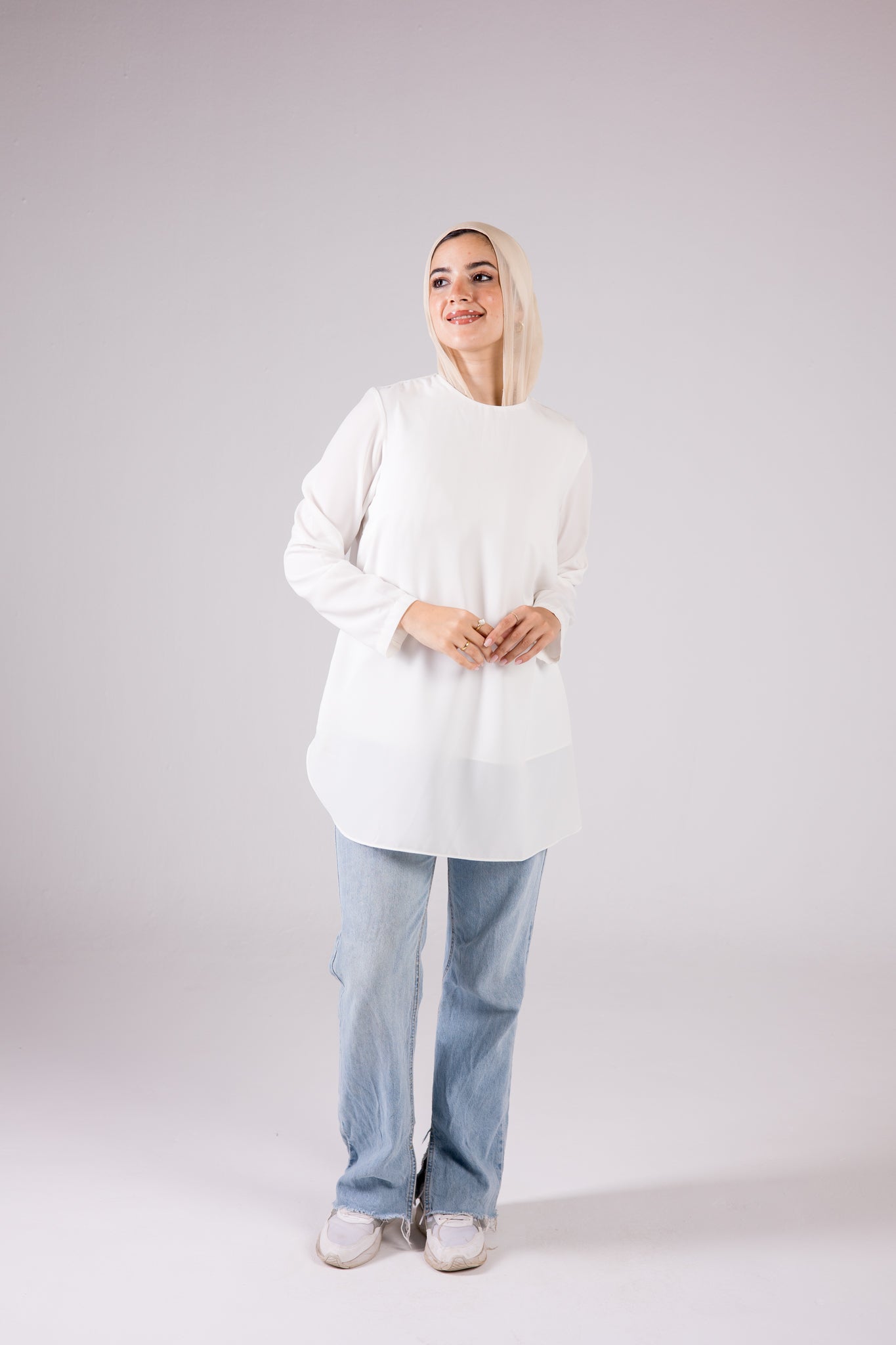 Long-sleeve Crepe Crewneck Medium-length Top Monochrome