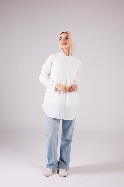 Long-sleeve Crepe Crewneck Medium-length Top Monochrome