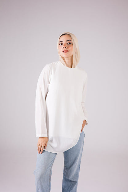 Long-sleeve Crepe Crewneck Medium-length Top Monochrome