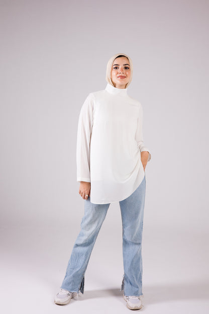 Long-sleeve Crepe Turtleneck Medium-length Top