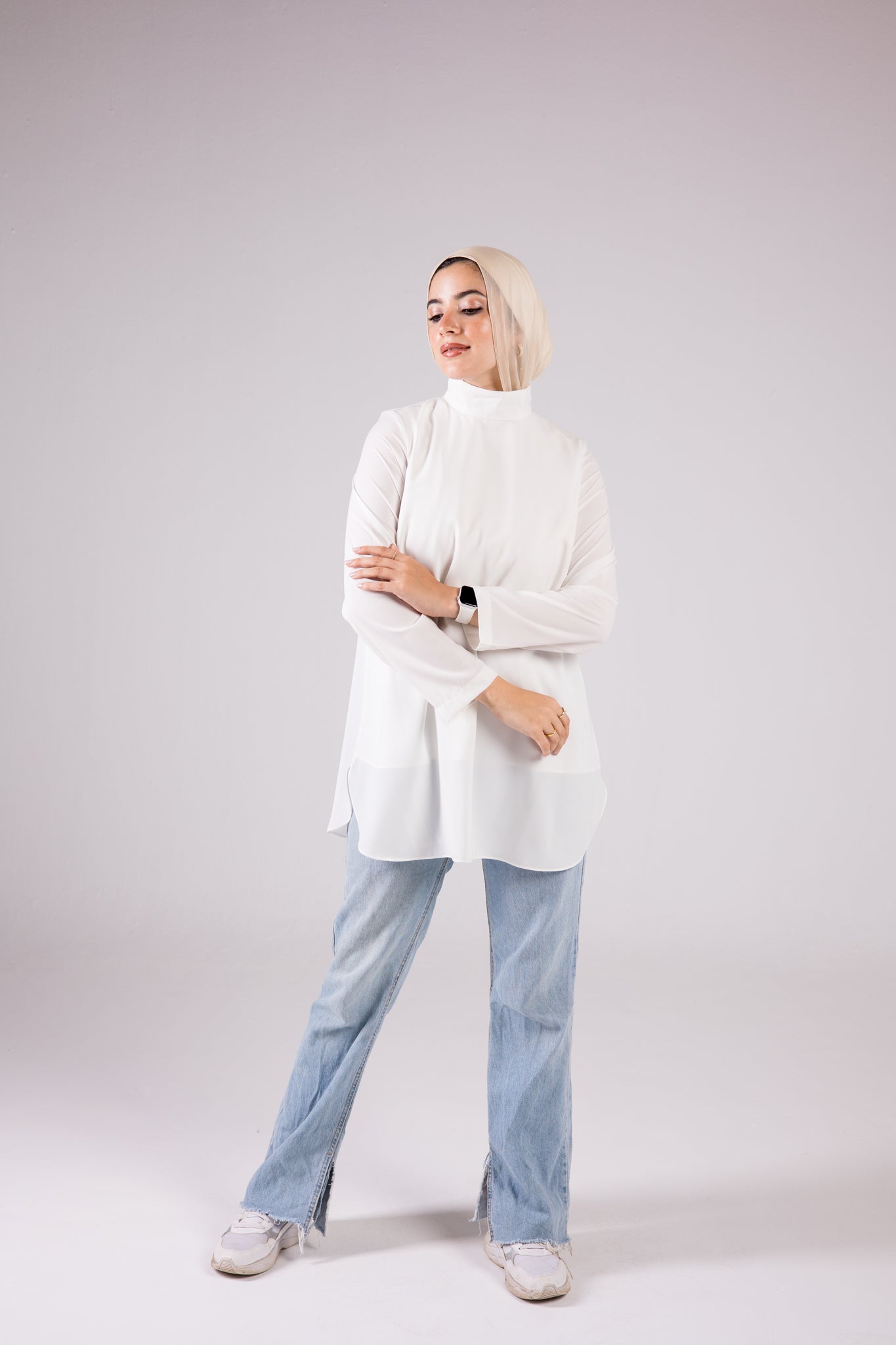 Long-sleeve Crepe Turtleneck Medium-length Top