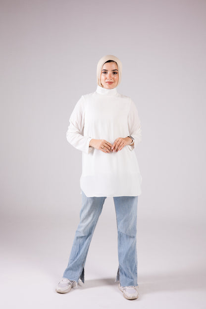 Long-sleeve Crepe Turtleneck Medium-length Top