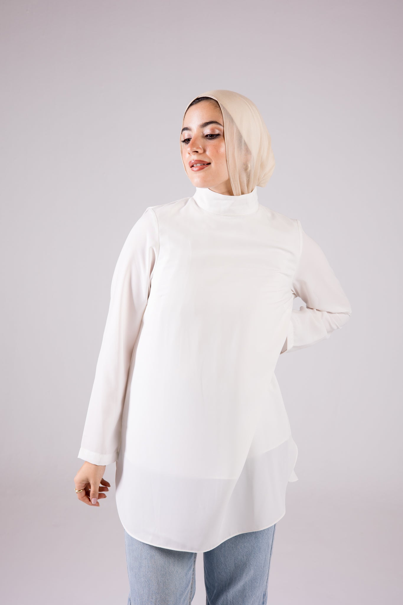 Long-sleeve Crepe Turtleneck Medium-length Top