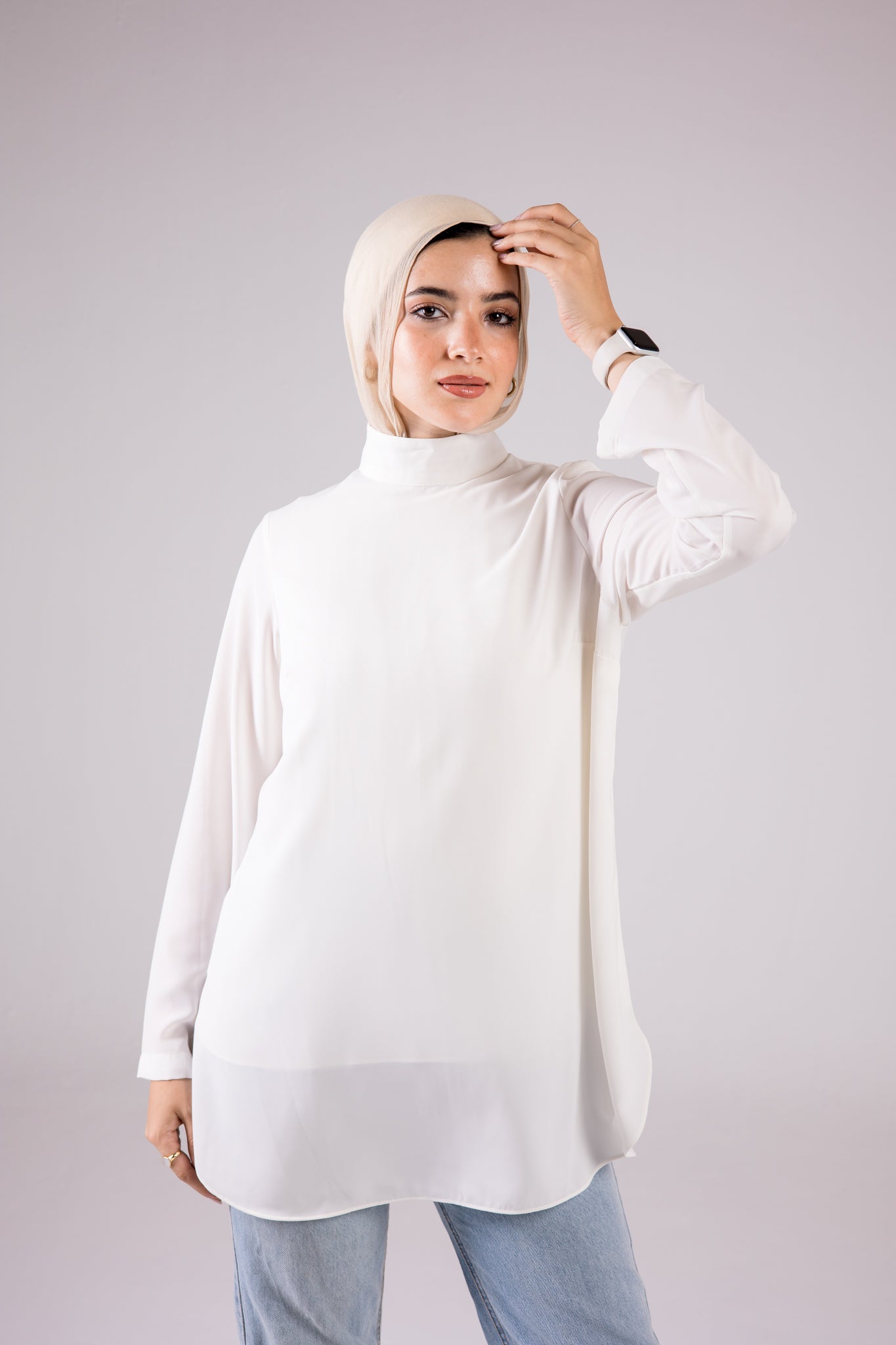 Long-sleeve Crepe Turtleneck Medium-length Top