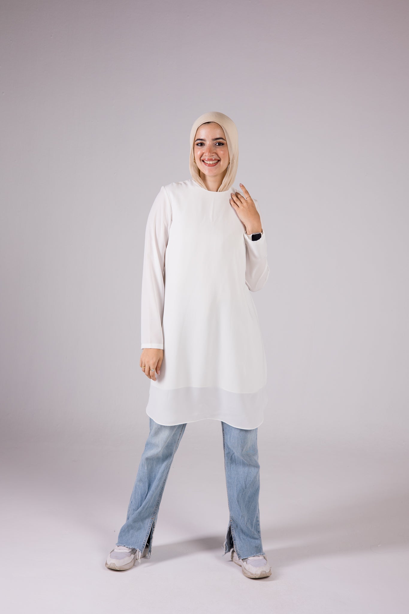 Long-sleeve Crepe Crewneck Long-length Top