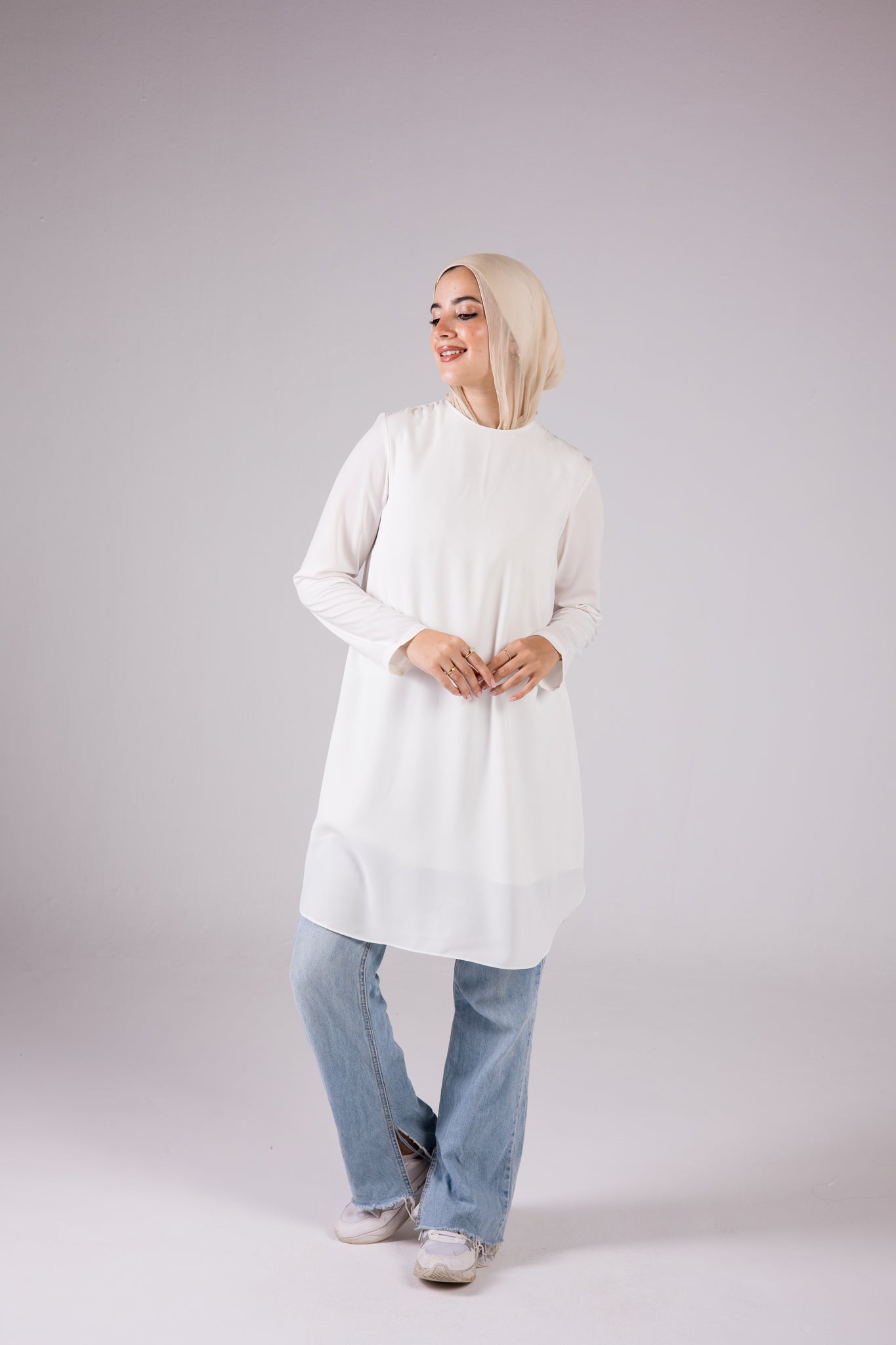 Long-sleeve Crepe Crewneck Long-length Top