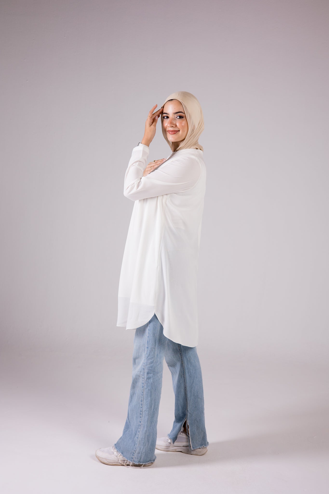 Long-sleeve Crepe Crewneck Long-length Top