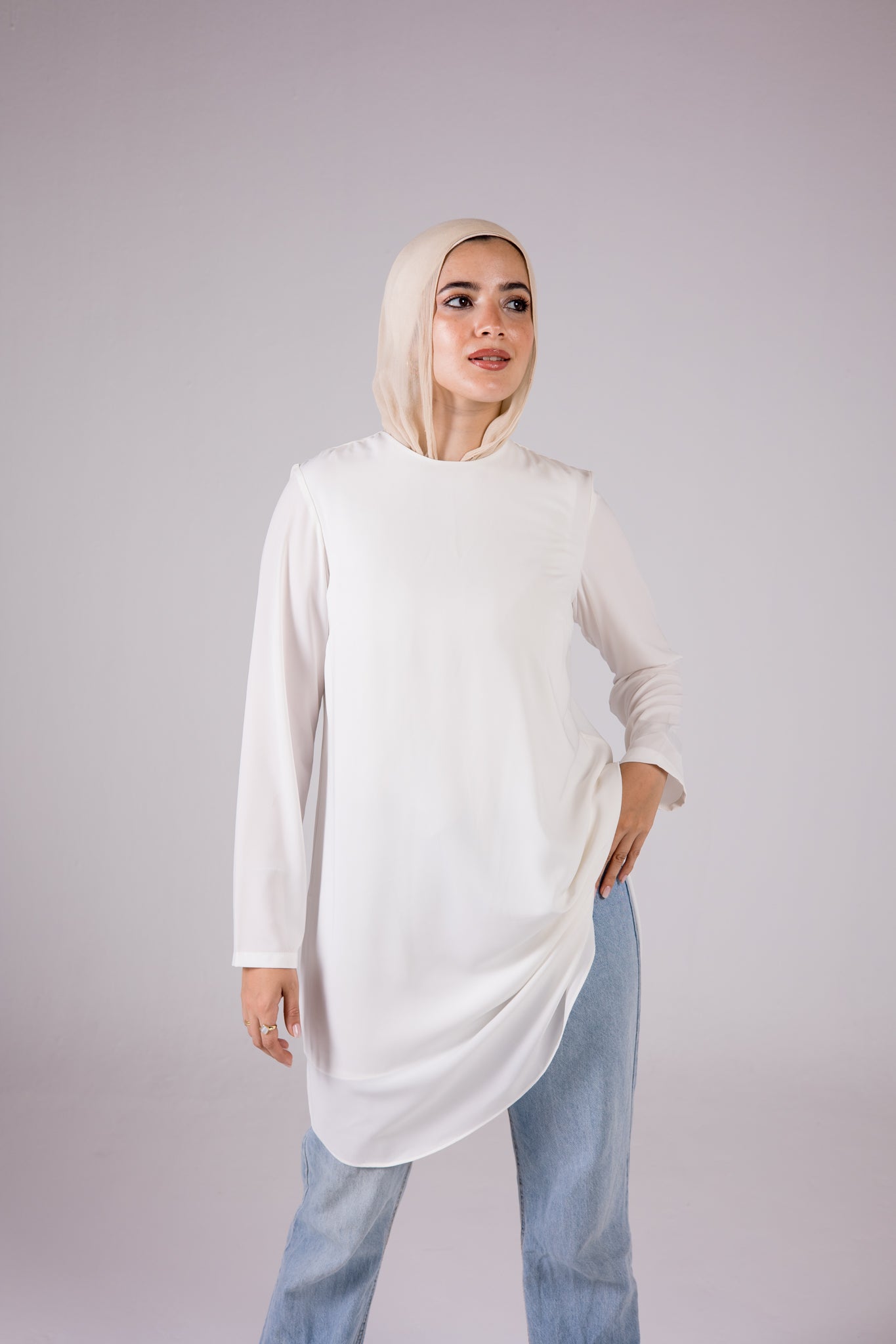 Dressy Top Long Length Long Sleeve crewneck - Monochrome