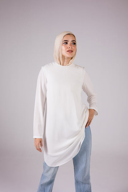 Long-sleeve Crepe Crewneck Long-length Top