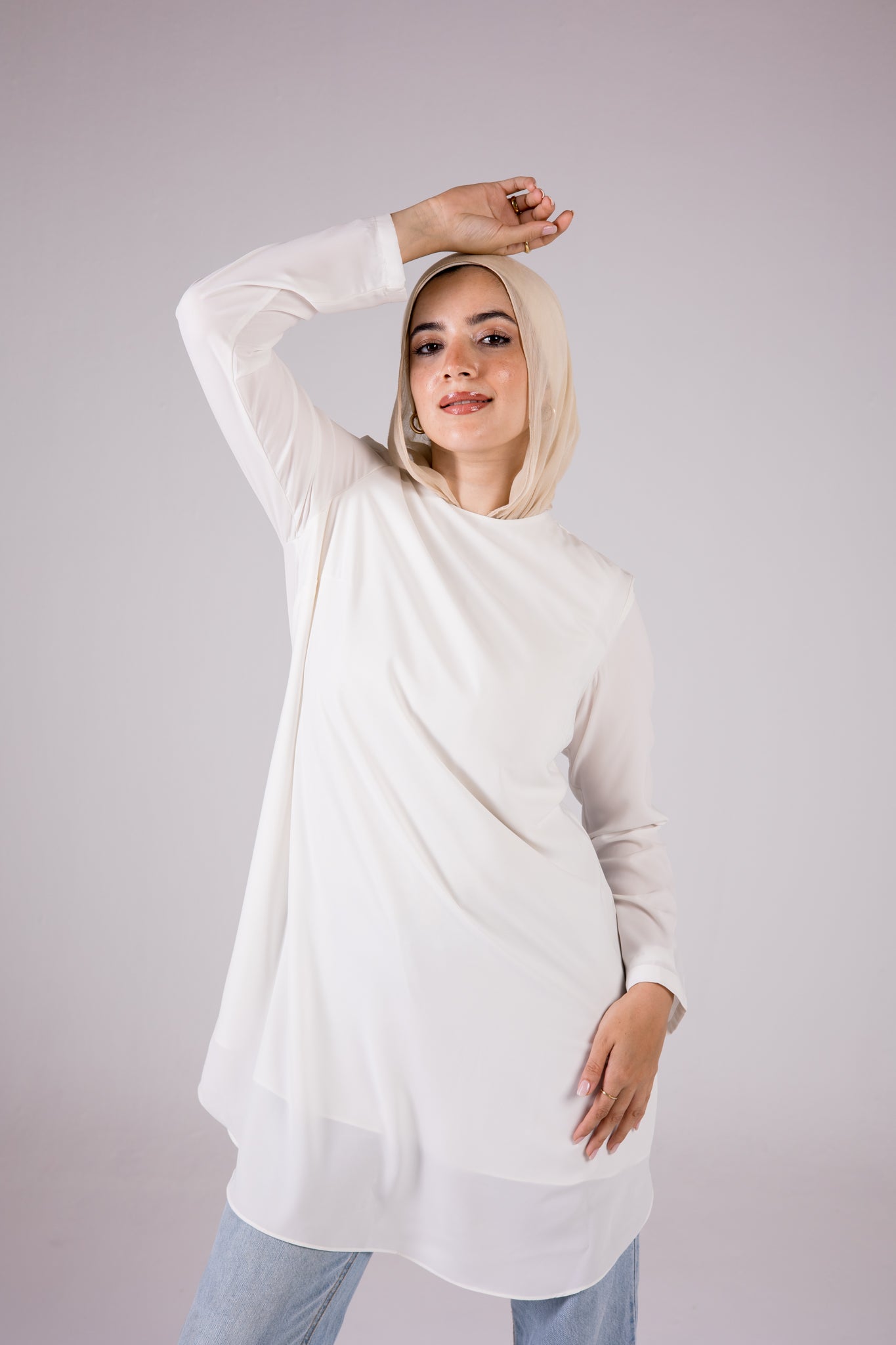 Long-sleeve Crepe Crewneck Long-length Top