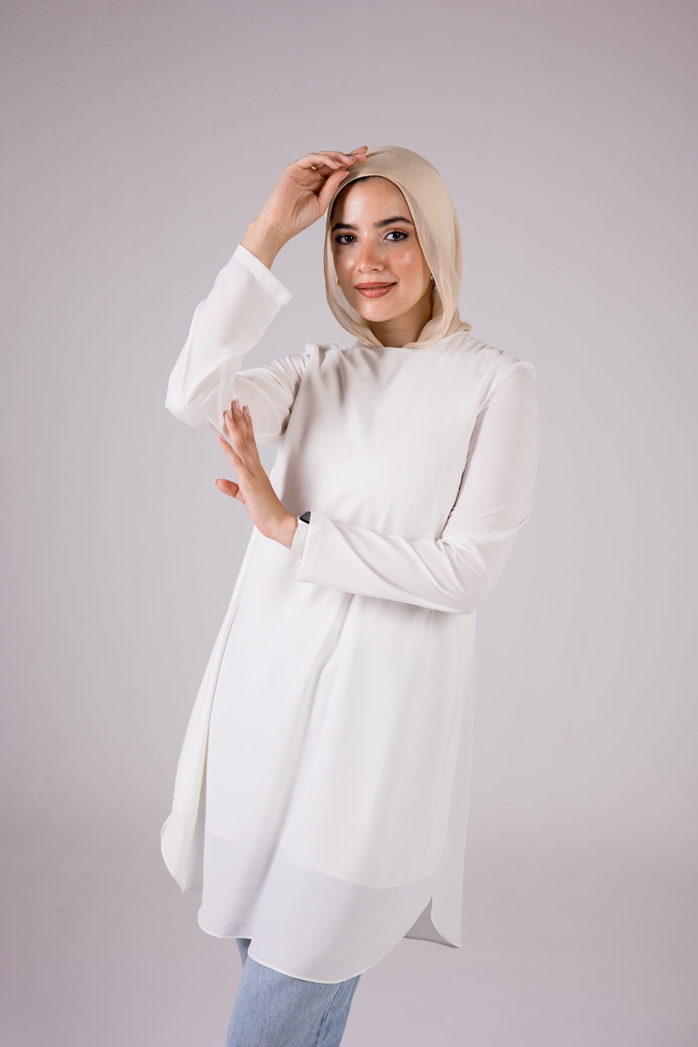 Long-sleeve Crepe Crewneck Long-length Top