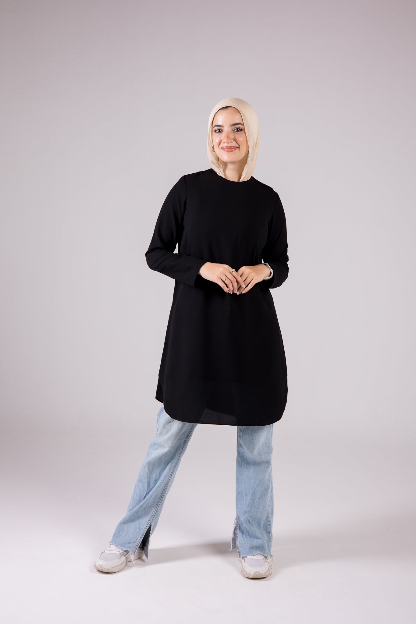 Long-sleeve Crepe Crewneck Long-length Top