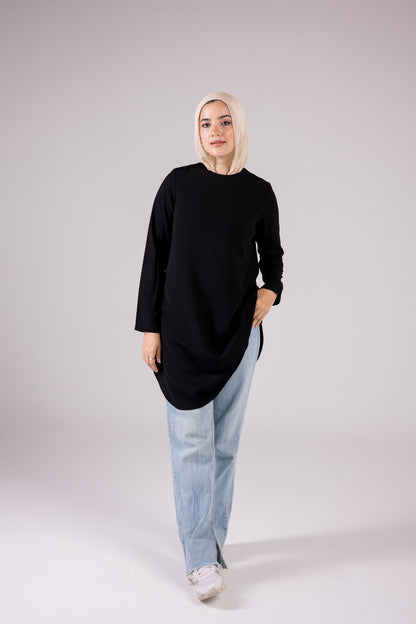 Long-sleeve Crepe Crewneck Long-length Top