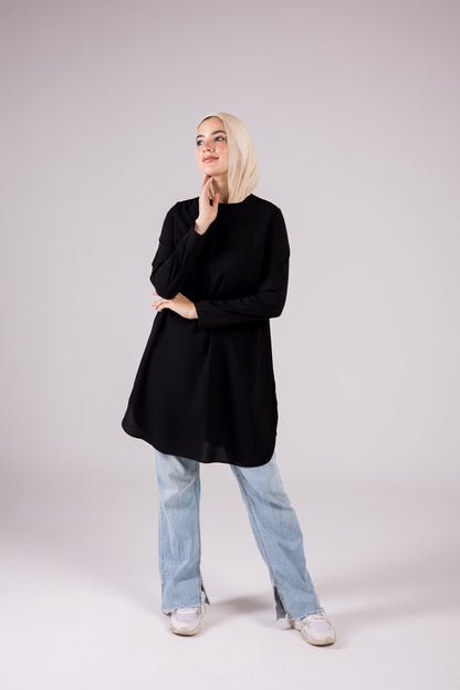 Long-sleeve Crepe Crewneck Long-length Top