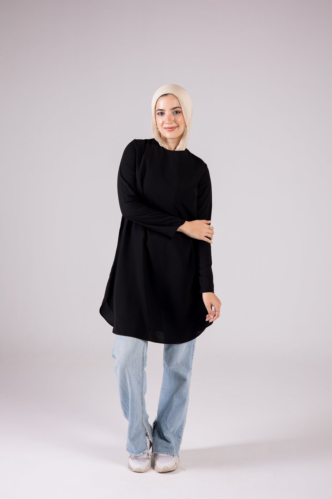 Long-sleeve Crepe Crewneck Long-length Top